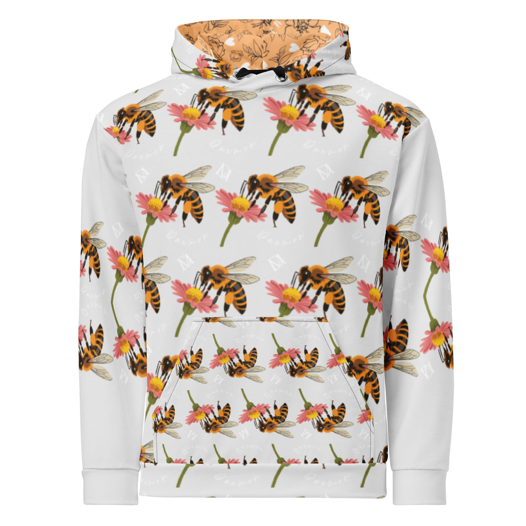 Recycled white unisex hoodie with all-over print design, featuring ribbed cuffs and hood by Daemon Luxury Honeybee Shores.