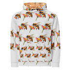 Recycled white unisex hoodie with all-over print design, featuring ribbed cuffs and hood by Daemon Luxury Honeybee Shores.