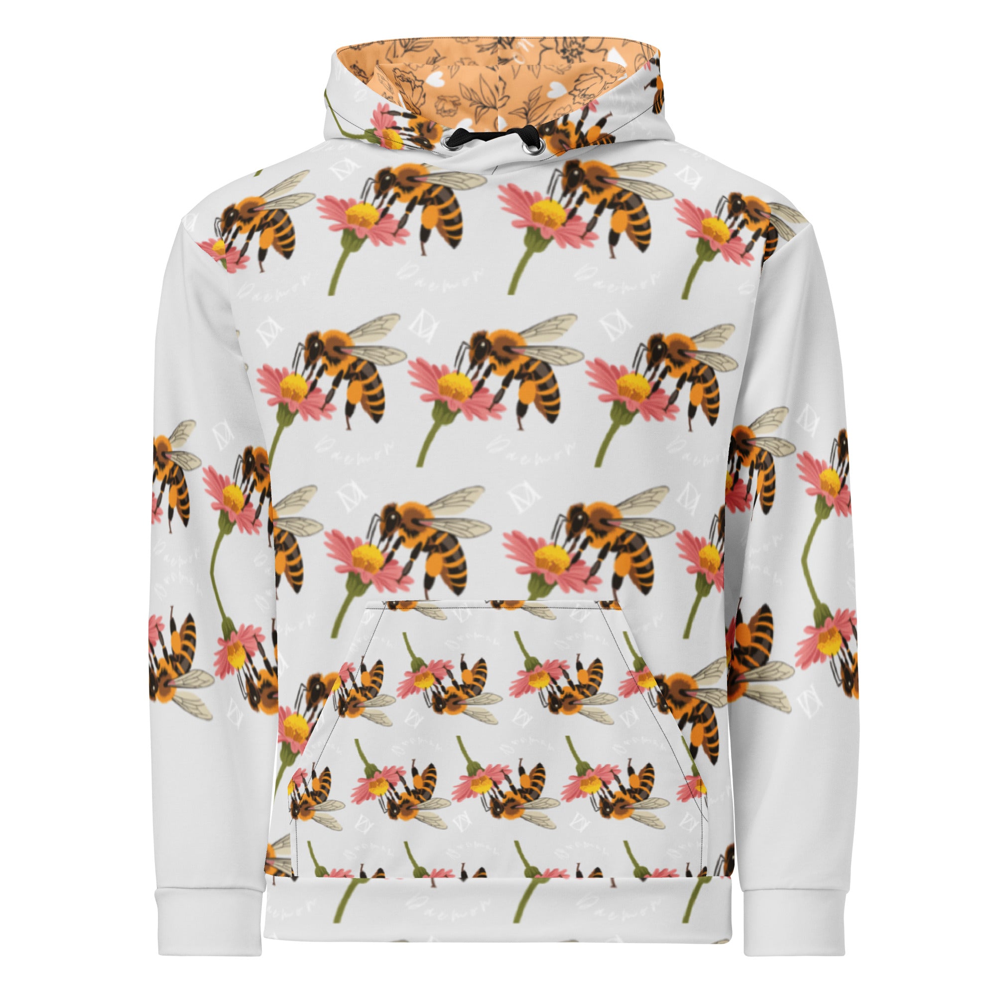 Recycled white unisex hoodie with all-over print design, featuring ribbed cuffs and hood by Daemon Luxury Honeybee Shores.