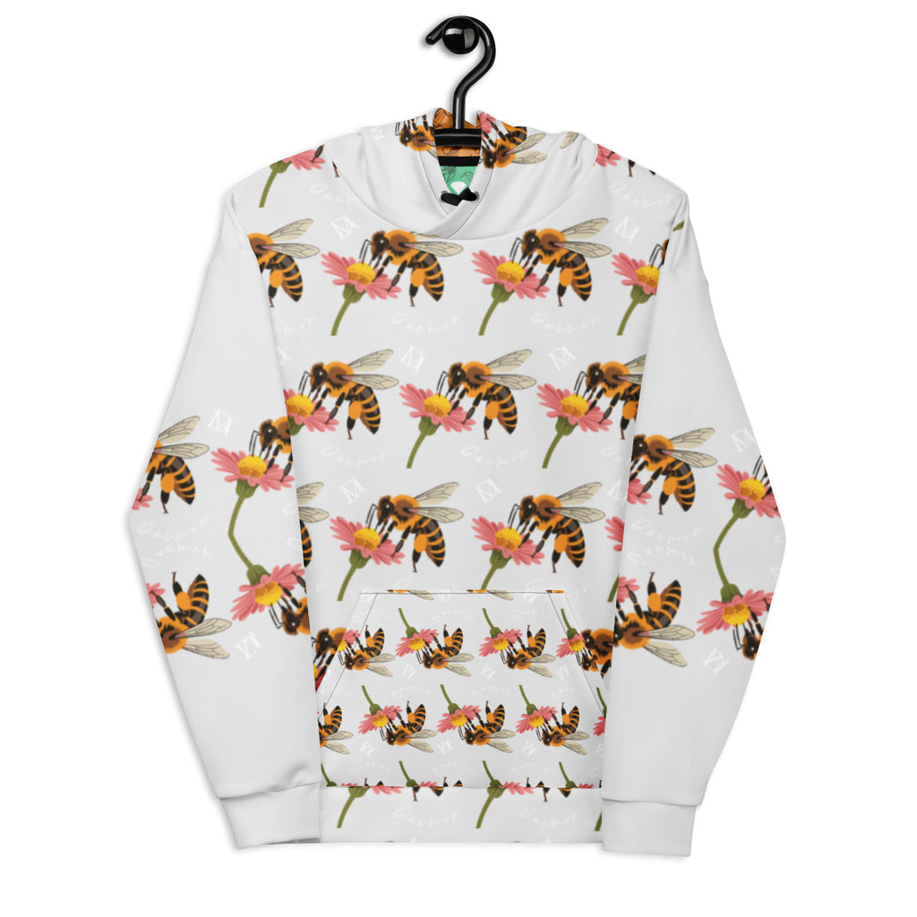 Recycled white unisex hoodie with all-over honeybee shores dusk print by Daemon Luxury, featuring a hood and ribbed design.