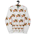 Recycled white unisex hoodie with all-over honeybee shores dusk print by Daemon Luxury, featuring a hood and ribbed design.