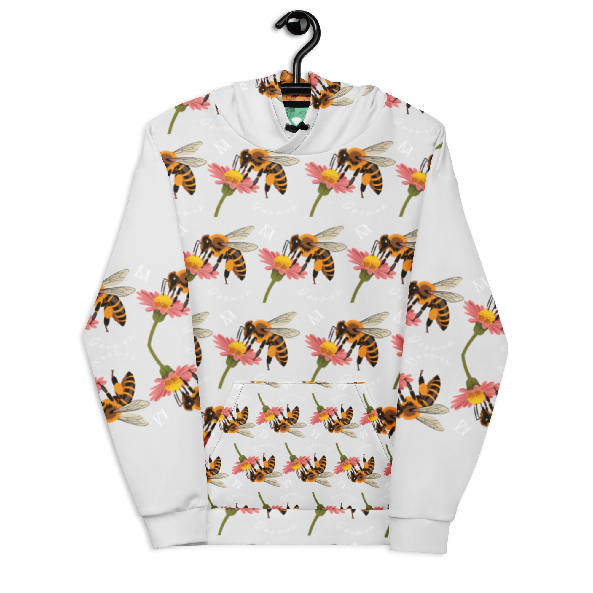 Recycled white unisex hoodie with all-over honeybee shores dusk print by Daemon Luxury, featuring a hood and ribbed design.