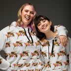 Unisex white recycled hoodie with all-over honeybee and shores print, featuring a ribbed dusk design from Daemon Luxury.