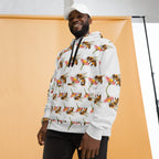 Recycled white Daemon Luxury Honeybee Shores Ribbed Dusk unisex hoodie with all-over print and front pocket.