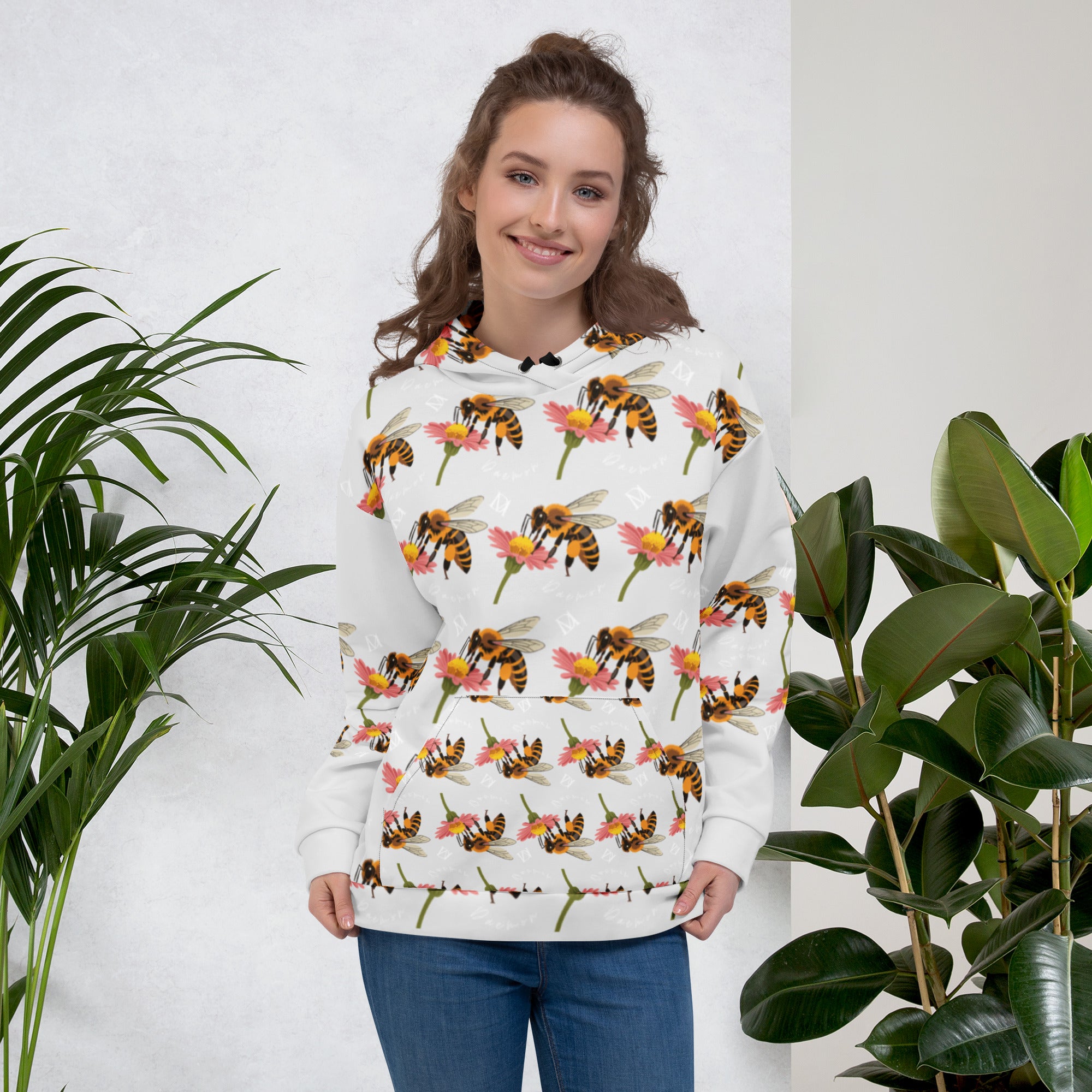 Unisex white recycled hoodie with all-over honeybee shores dusk print and a hood, by Daemon Luxury.