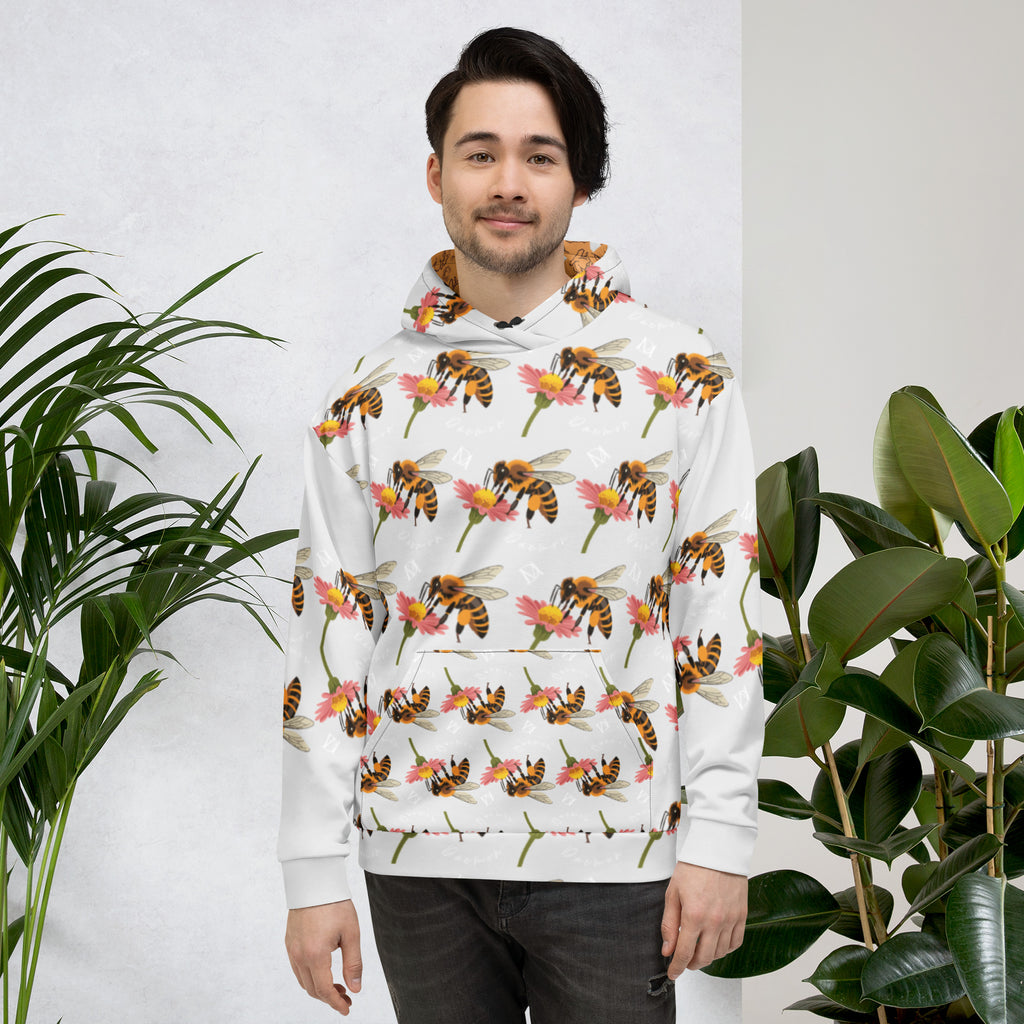 Recycled white Daemon Luxury Honeybee Shores ribbed dusk unisex hoodie with all-over print and front pocket.