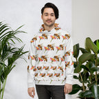 Recycled white Daemon Luxury Honeybee Shores ribbed dusk unisex hoodie with all-over print and front pocket.
