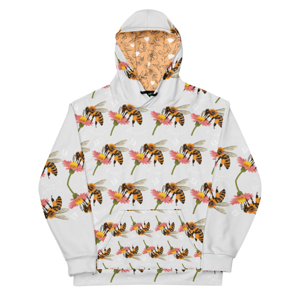 Unisex white recycled hoodie with all-over honeybee shores dusk print and ribbed details from Daemon Luxury.