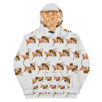 Unisex white recycled hoodie with all-over honeybee shores dusk print and ribbed details from Daemon Luxury.