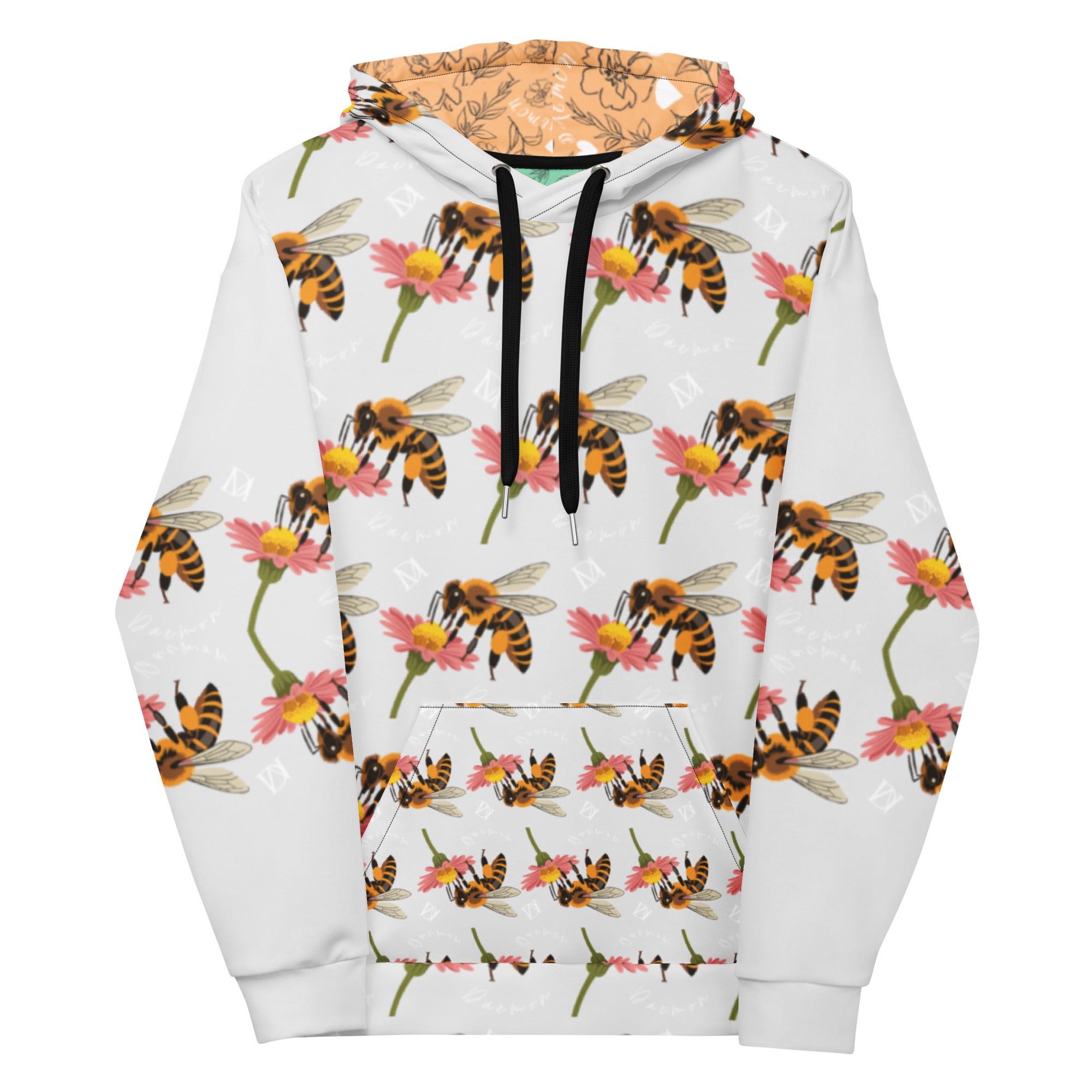 Recycled white unisex hoodie with all-over Honeybee Shores (Ribbed Dusk) print by Daemon Luxury, featuring a front view.