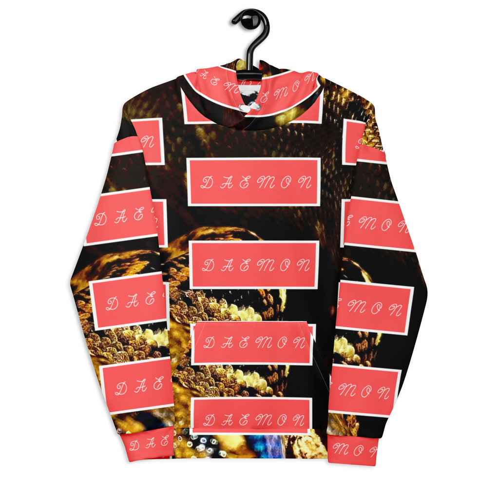 Daemon Luxury Serpentine Nicaragua unisex hoodie with all-over recycled print and white front design.