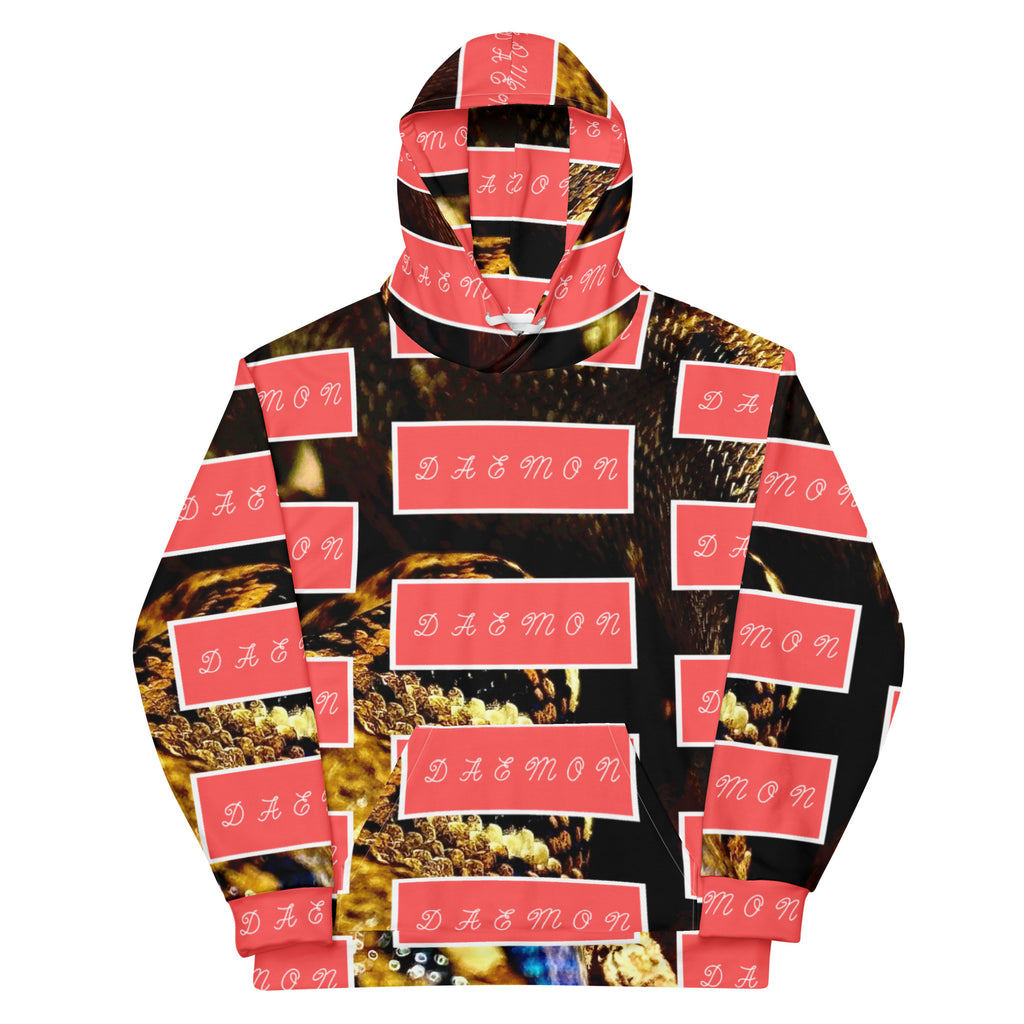 Recycled white unisex hoodie with all-over serpent and Nicaragua print by Daemon Luxury, featuring a hood and front design.