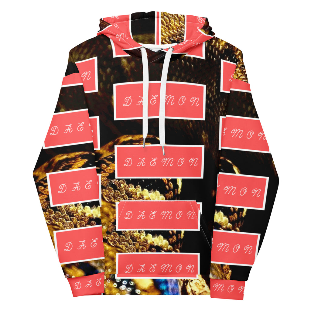 Recycled white unisex hoodie featuring all-over serpentine Nicaragua print by Daemon Luxury, front view.