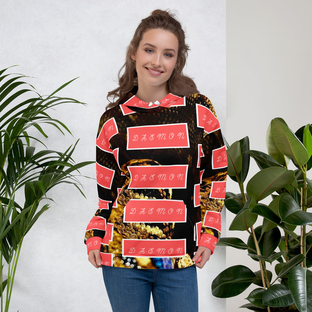 Recycled white unisex hoodie with all-over serpentine Nicaragua print from Daemon Luxury featuring a front view.