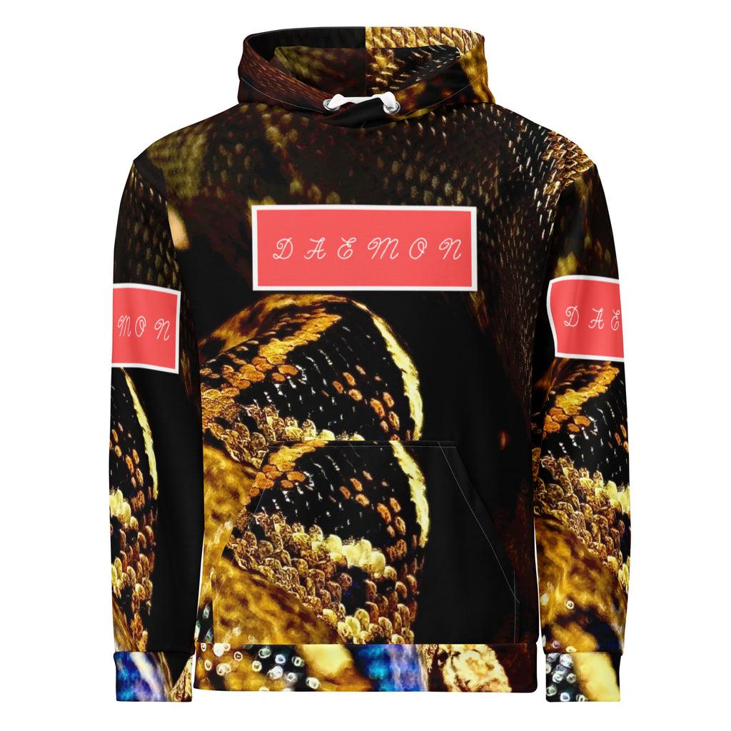 White unisex hoodie with all-over serpentine Nicaragua print from Daemon Luxury, featuring a front view and recycled fabric design.