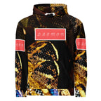 White unisex hoodie with all-over serpentine Nicaragua print from Daemon Luxury, featuring a front view and recycled fabric design.