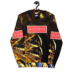 Recycled white unisex hoodie featuring all-over serpentine Nicaragua print by Daemon Luxury, with front view and hood.