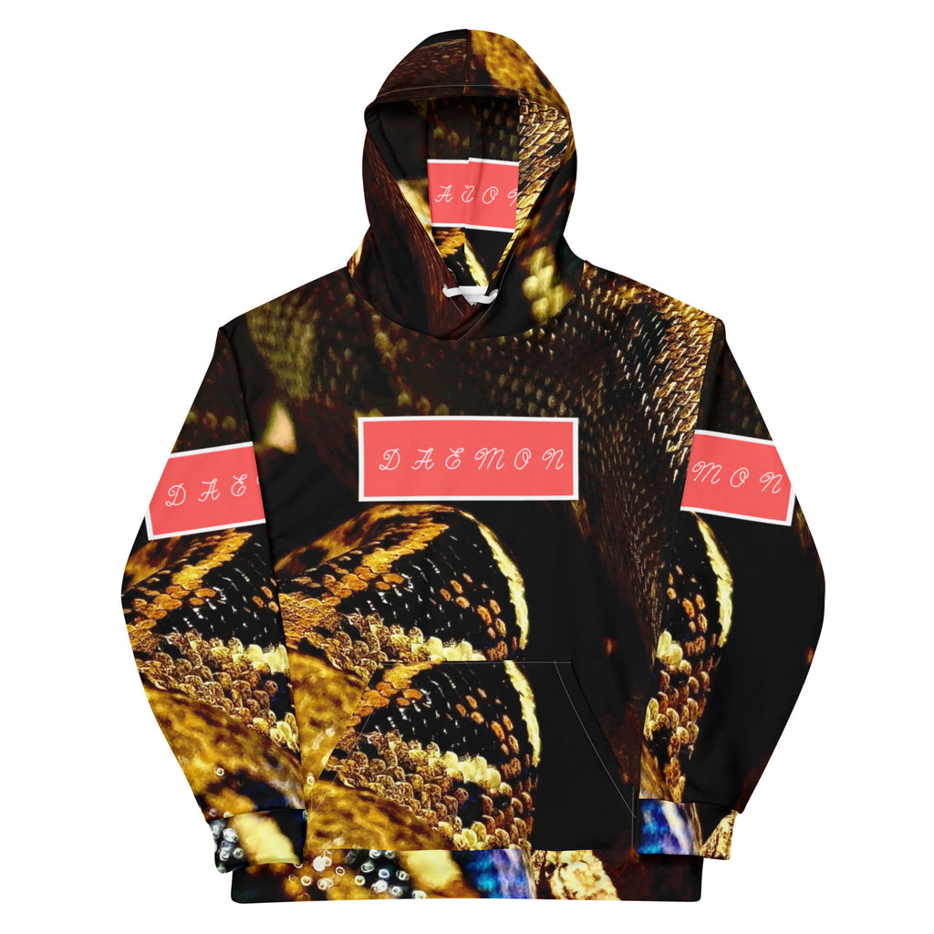Recycled white unisex hoodie featuring Serpentine Nicaragua .3 all-over print by Daemon Luxury, with a front view and hood.