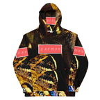 Recycled white unisex hoodie featuring Serpentine Nicaragua .3 all-over print by Daemon Luxury, with a front view and hood.