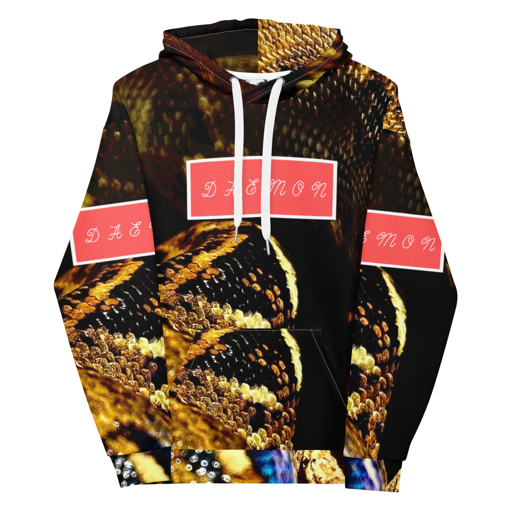 Unisex white hoodie with all-over serpent pattern print from Daemon Luxury, featuring a hood and recycled fabric.