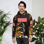 Daemon Luxury Serpentine Nicaragua .3 unisex recycled hoodie with all-over white print and hood, front view.