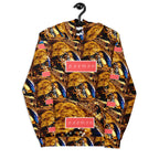 Recycled white unisex hoodie with all-over serpentine Nicaragua print by Daemon Luxury, featuring a front view with hood.