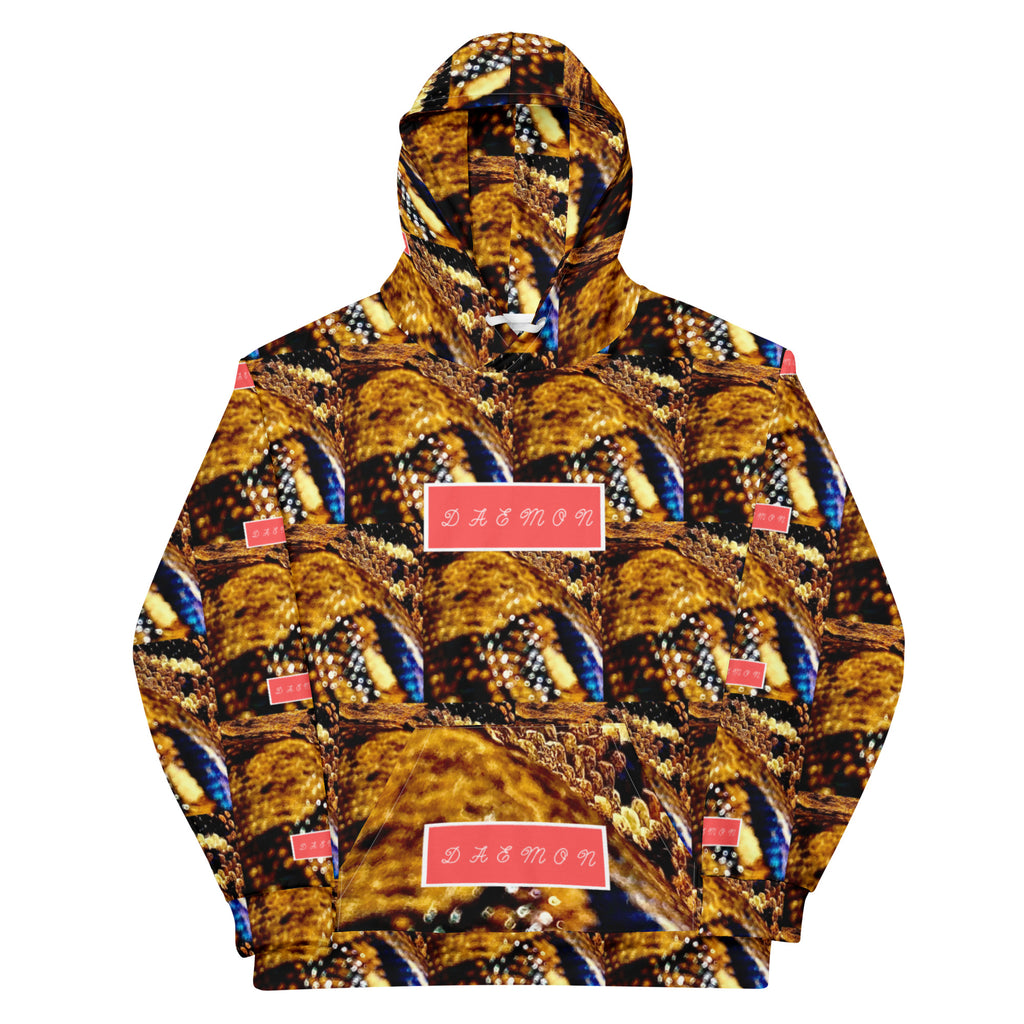 Recycled white unisex hoodie with all-over serpent and Nicaragua print by Daemon Luxury, featuring a hood and front design.