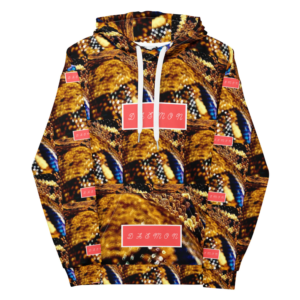 Daemon Luxury Serpentine Nicaragua hoodie, all-over print recycled cotton unisex white hooded sweatshirt, front view.