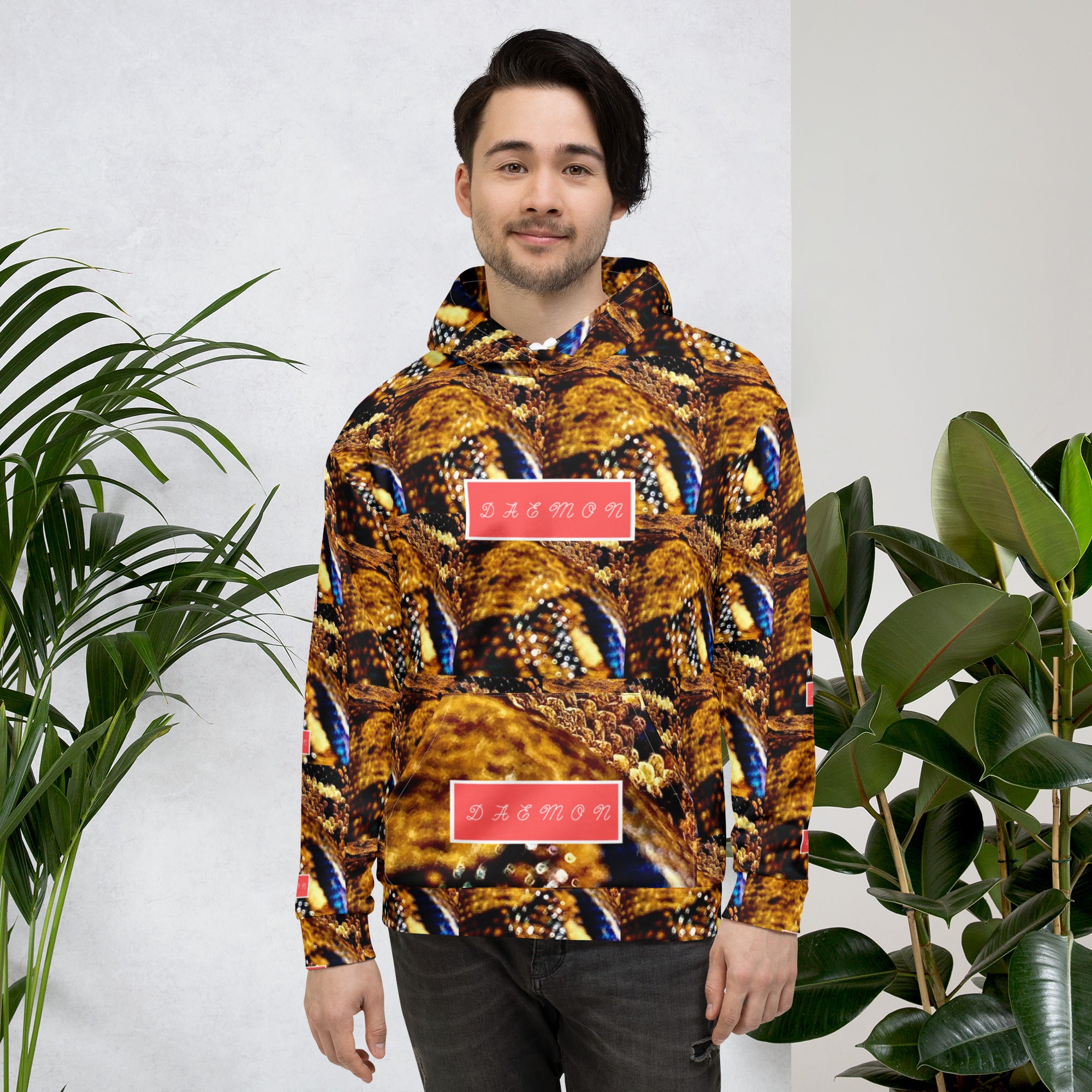 Daemon Luxury Serpentine Nicaragua .1 recycled unisex hoodie with all-over print, featuring a white front design and hood.