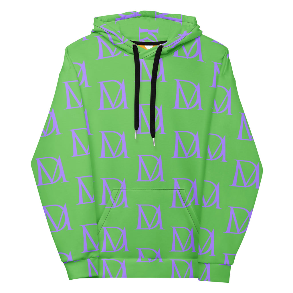Unisex Daemon Luxury Summer Breeze .1 Lilac Lux felpa hoodie with all-over recycled print and white background.