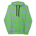 Unisex Daemon Luxury Summer Breeze .1 Lilac Lux felpa hoodie with all-over recycled print and white background.