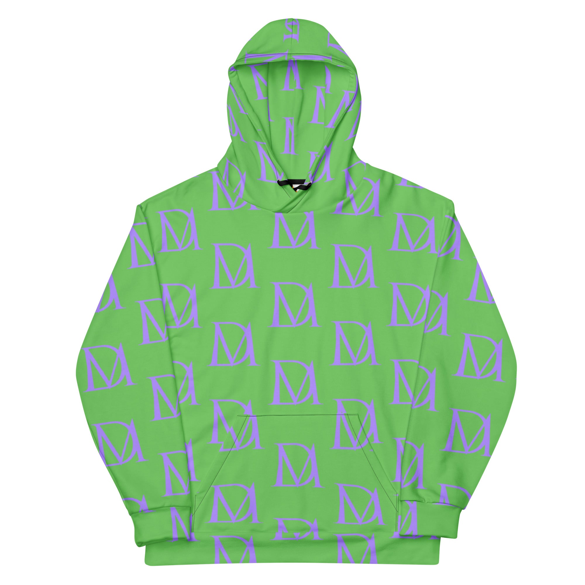 Daemon Luxury Summer Breeze .1 Lilac Lux unisex hoodie with all-over recycled print and front design on white background.