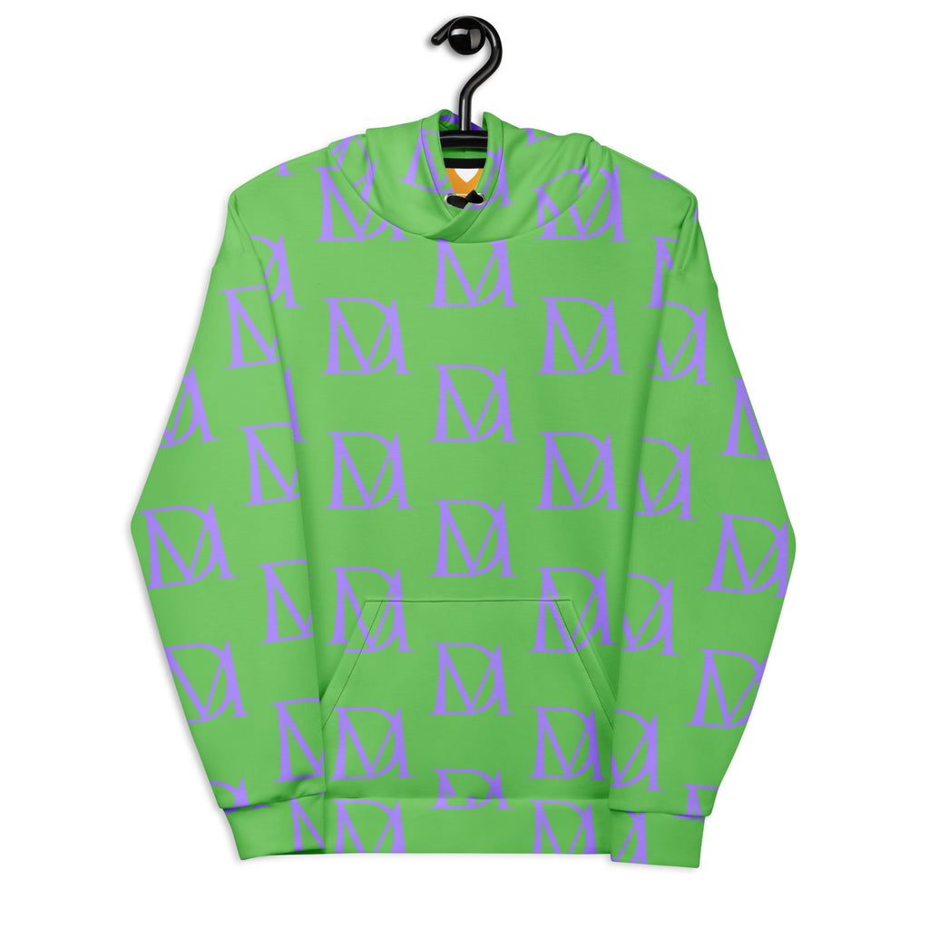 Unisex Summer Breeze Lilac Lux felpa hoodie with all-over recycled print, white background, front view, Daemon Luxury brand.