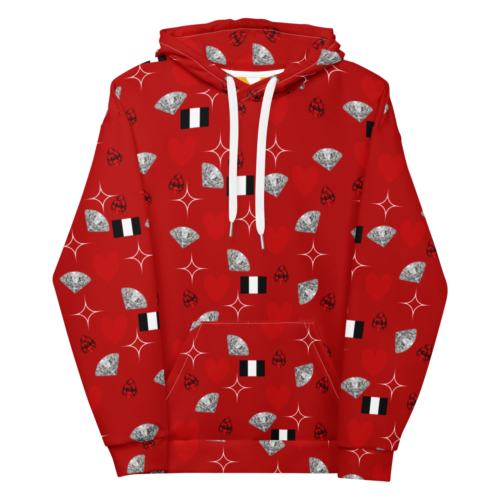 White Daemon Luxury Foreigners Luv La Flame Dim unisex hoodie with all-over print and recycled fabric, front view.
