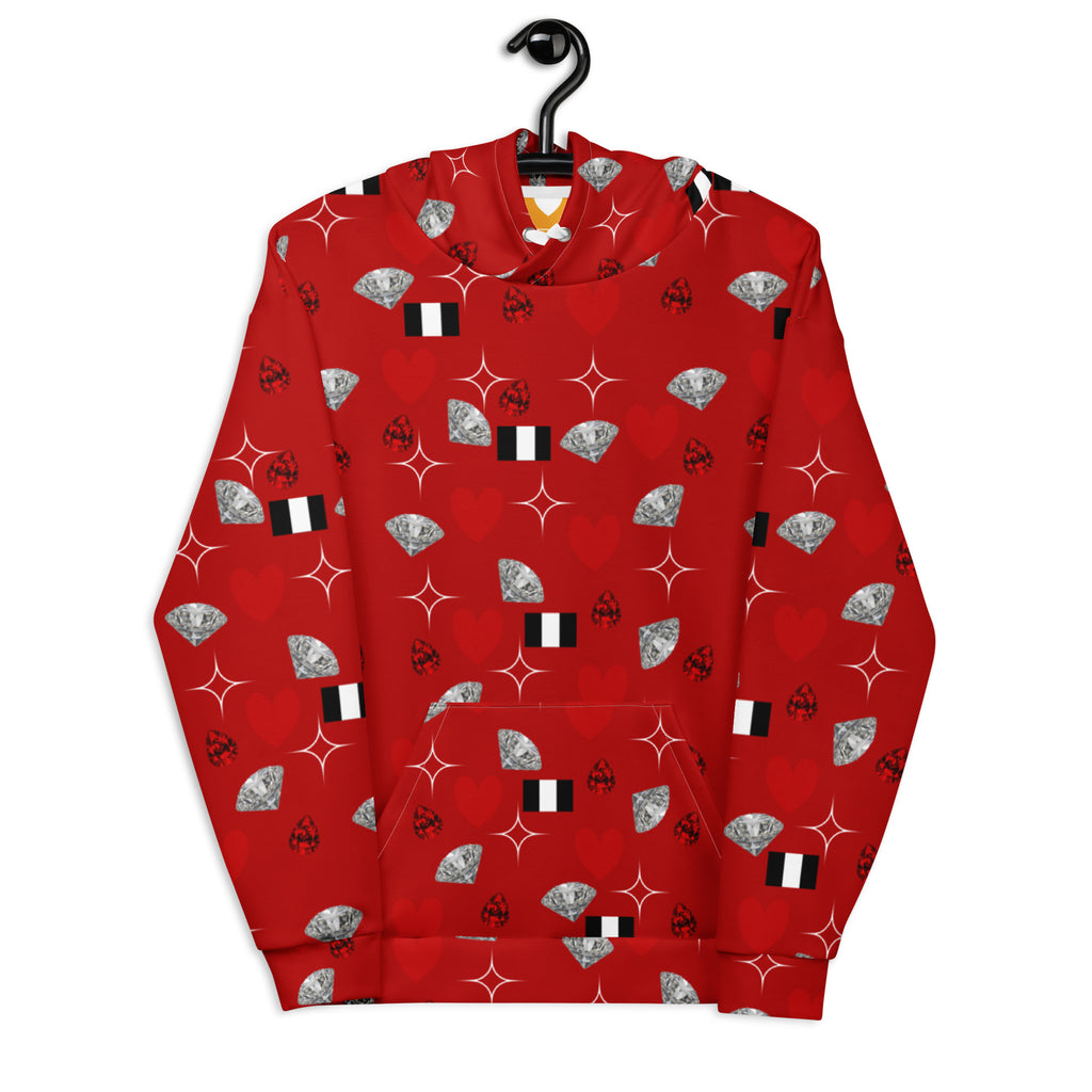 White Daemon Luxury Foreigners Luv (La Flame Dim) unisex hoodie with all-over print and recycled fabric, front view.