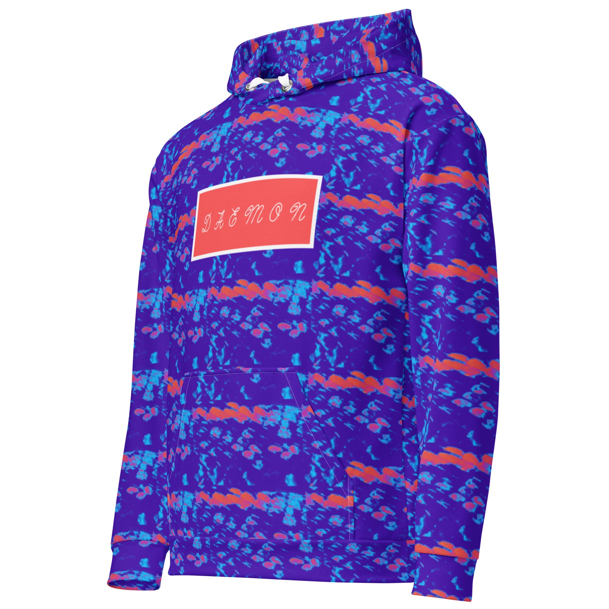 Daemon Serpentine Columbiana Therma .2 unisex hoodie with all-over recycled print and white fabric, featuring a front pocket and hood.