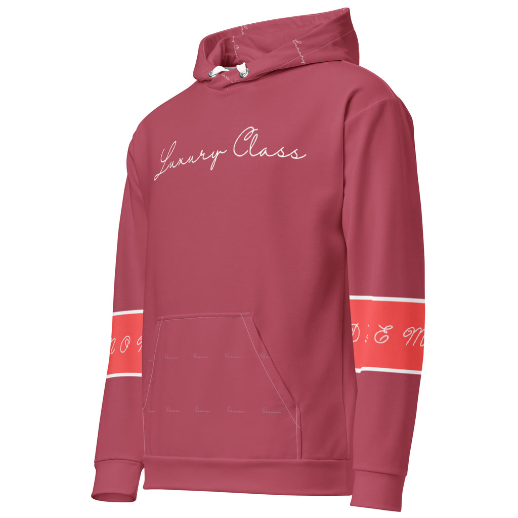 Daemon Rich Ruby Stones unisex recycled hoodie with all-over print, featuring vibrant red stone designs on a white background.