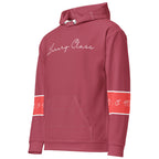 Daemon Rich Ruby Stones unisex recycled hoodie with all-over print, featuring vibrant red stone designs on a white background.