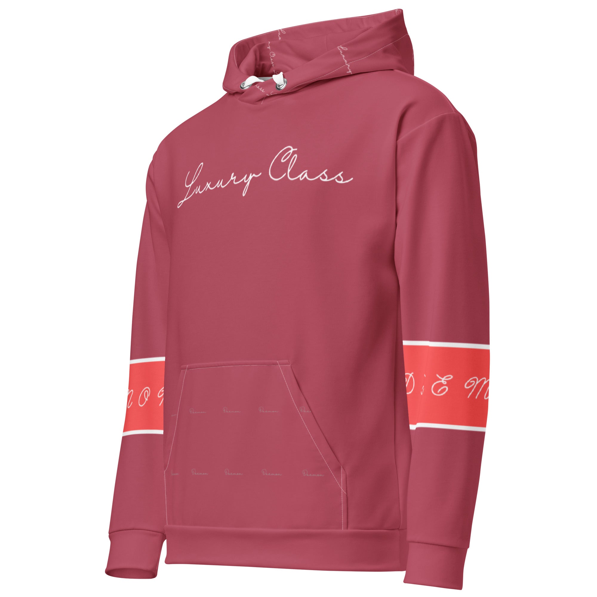 Daemon Rich Ruby Stones unisex recycled hoodie with all-over print, featuring vibrant red stone designs on a white background.