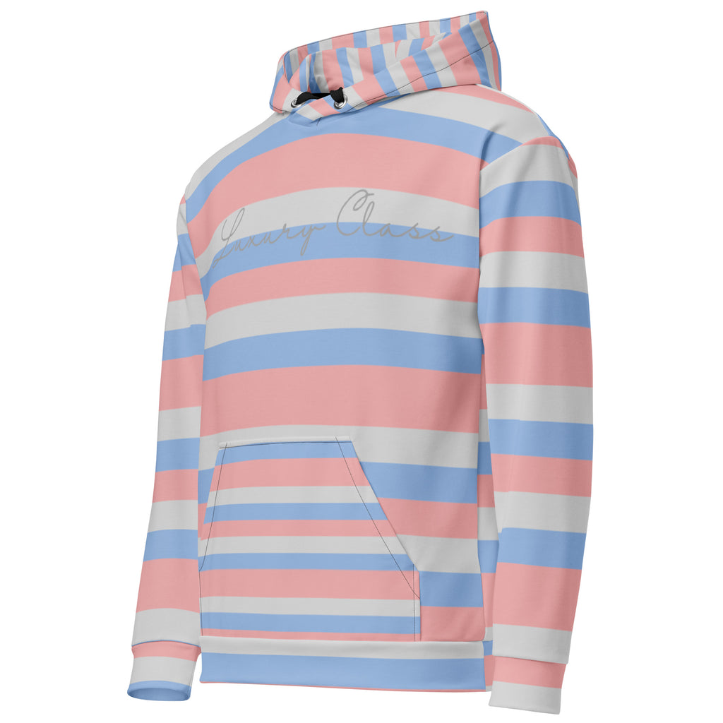 Daemon Love Lines unisex recycled hoodie with all-over white print, featuring a cozy hood and casual fit.
