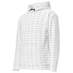 White unisex hoodie with cursive mirror print by Daemon, featuring a front pocket and a casual, comfortable fit.