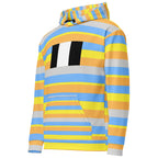 Daemon Pacific Fire Brighter Days recycled unisex hoodie with all-over fire and day-themed print, white color, front view.