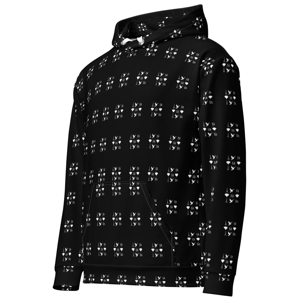 Daemon Makara Coroner unisex white hoodie with all-over recycled print, featuring a hood and casual fit.