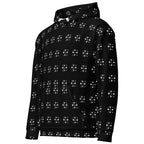 Daemon Makara Coroner unisex white hoodie with all-over recycled print, featuring a hood and casual fit.