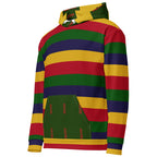 Daemon Laid Ruby Stones unisex hoodie with all-over recycled print, featuring a white background and front pocket.