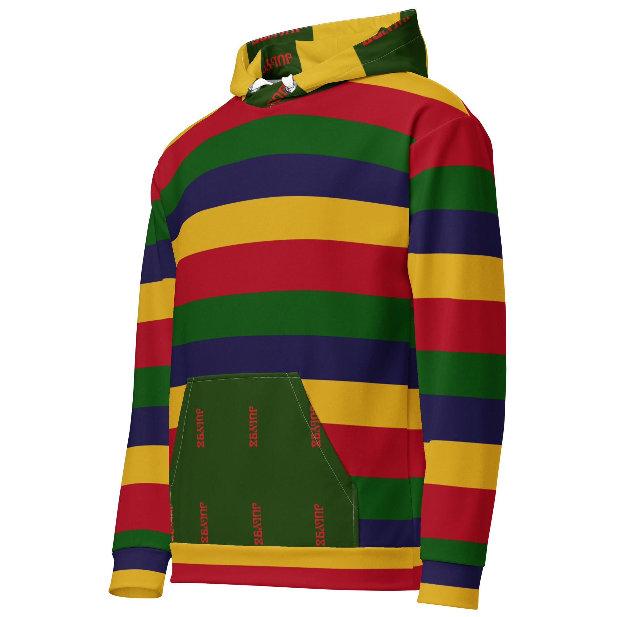 Daemon Laid Ruby Stones unisex hoodie with all-over recycled print, featuring a white background and front pocket.