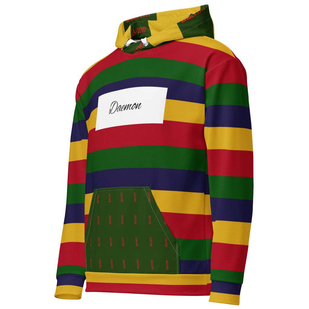 Daemon Laid Ruby Stones unisex hoodie with all-over white recycled print and hood, front view.