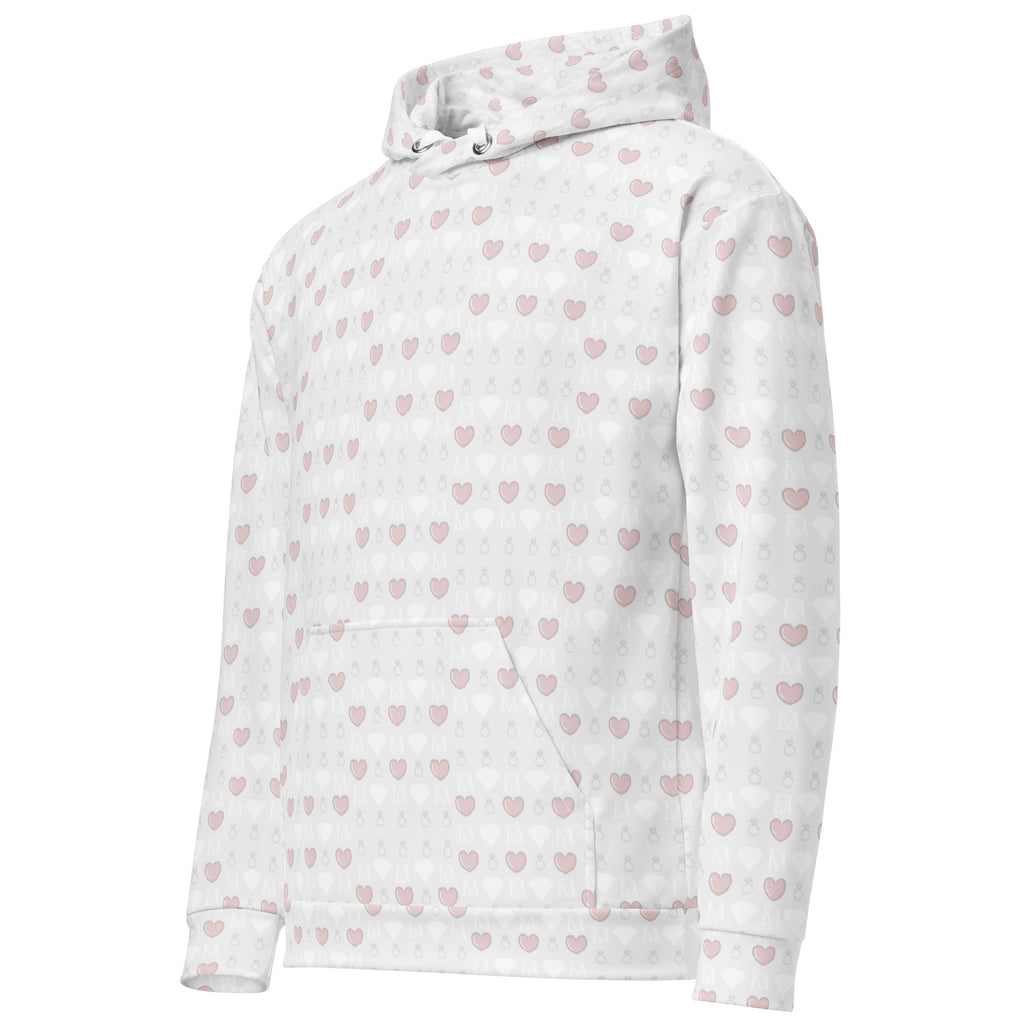Daemon Frosted Diamonds Blissful Replay unisex hoodie with all-over printed recycled fabric in white, front view.