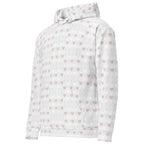 Daemon Frosted Diamonds Blissful Replay unisex hoodie with all-over printed recycled fabric in white, front view.