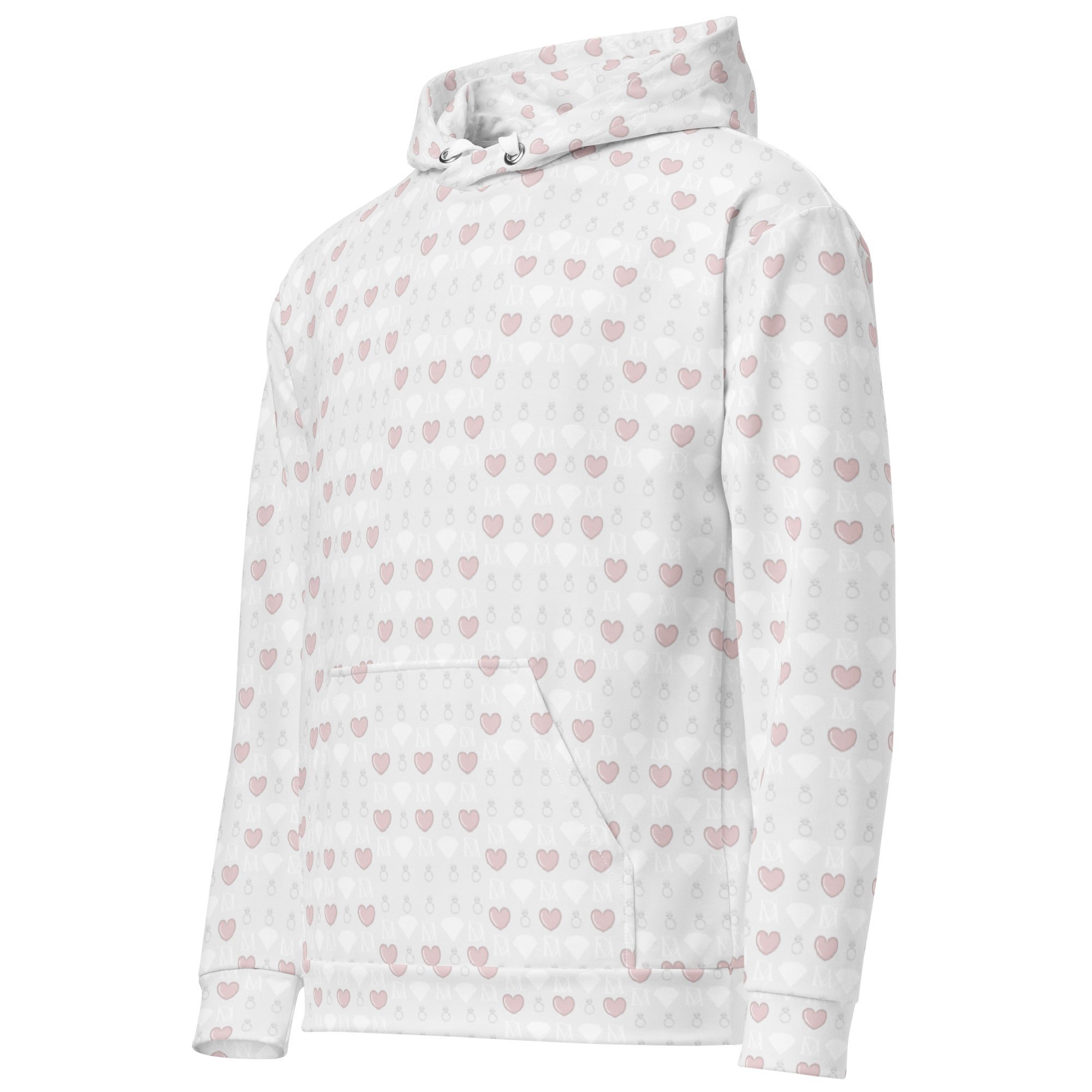Daemon Frosted Diamonds Blissful Replay unisex hoodie with all-over printed recycled fabric in white, front view.